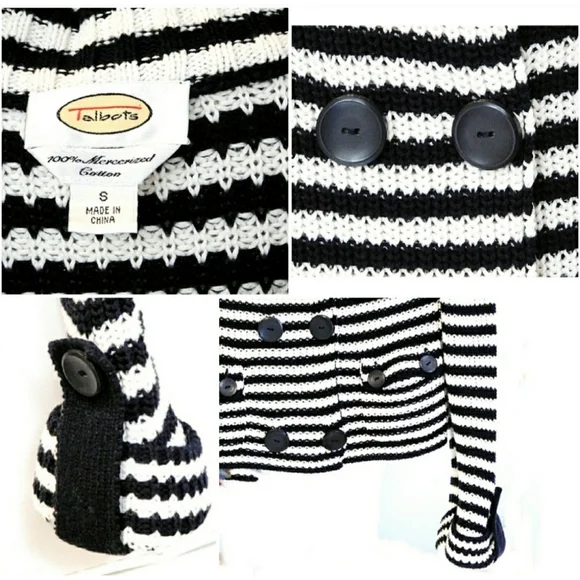 Talbots Womens Blk & White Stripe Knit Double Brested Casual Sweater Jacket Sz S - Picture 9 of 9